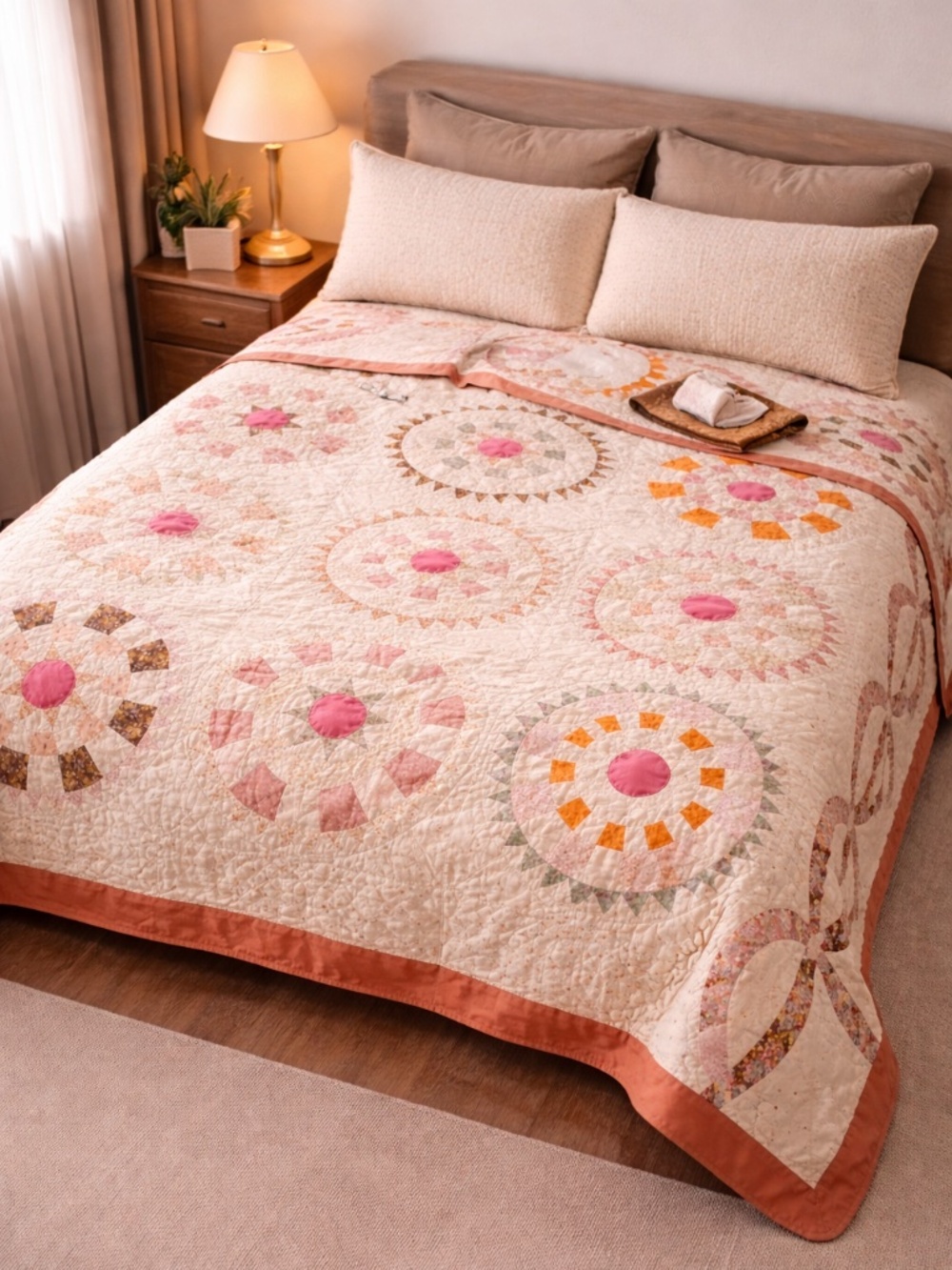 Vintage Handmade Patchwork Quilt Pink Floral Circular Design 75x101